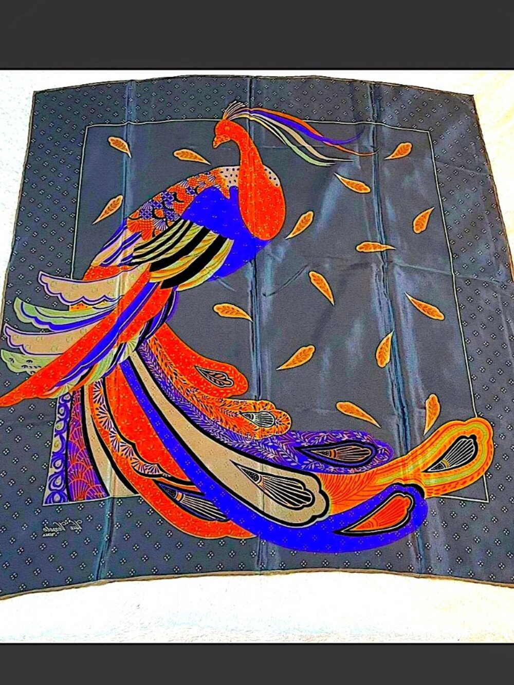 Vintage 32-Inch Via Veneto Roma Silk Scarf – Hand-Rolled Hem – Art Deco Peacock